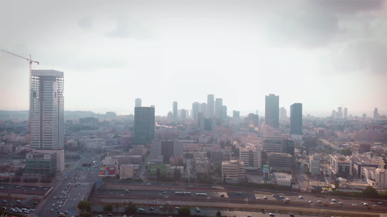 City skyline traffic and pollution Aerial