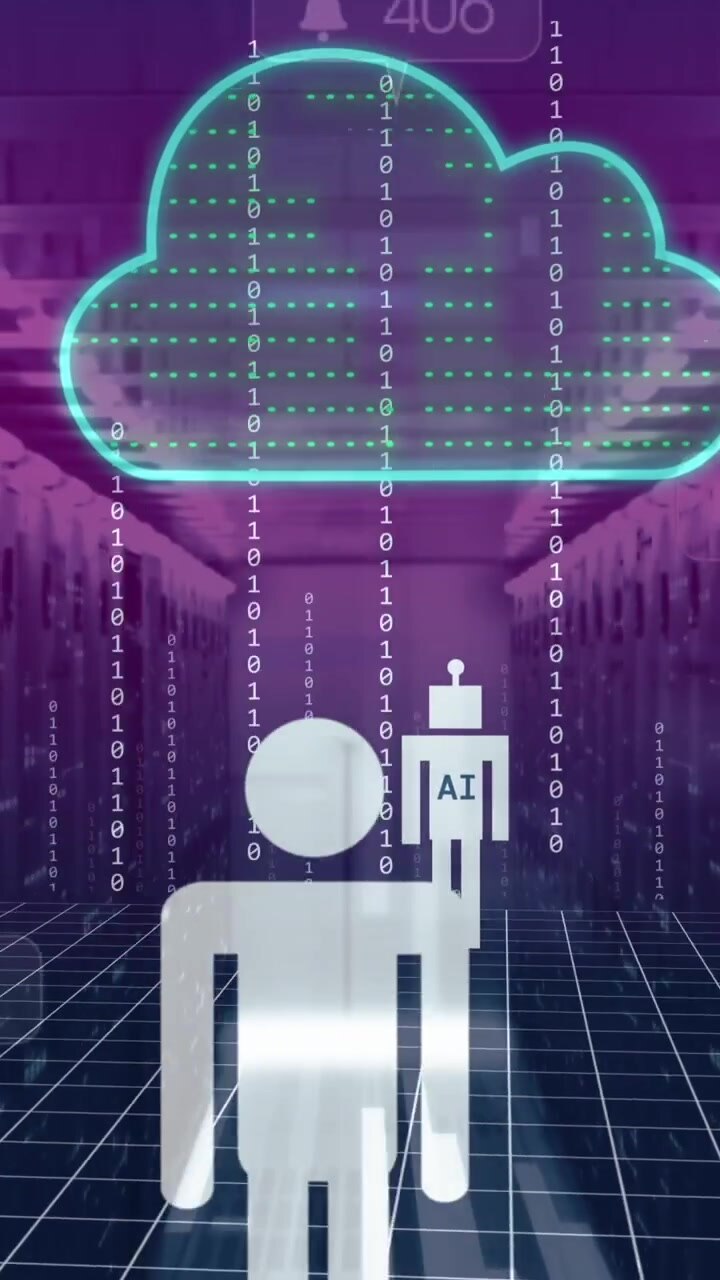 Animation of ai data processing and people icons over server room, cloud and binary coding