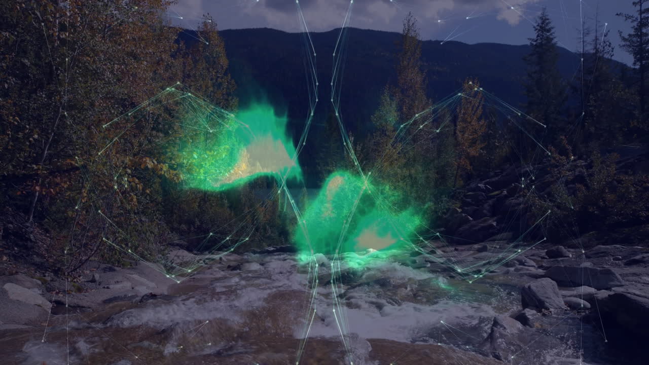 Green digital network animation over flowing river in forested mountain landscape