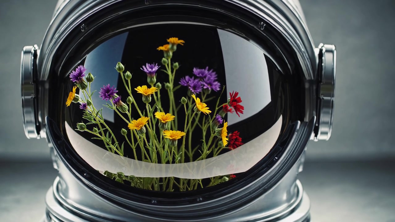 Flores Silvestres Coloridas Crescendo Dentro de um Capacete de Astronauta Reflexivo