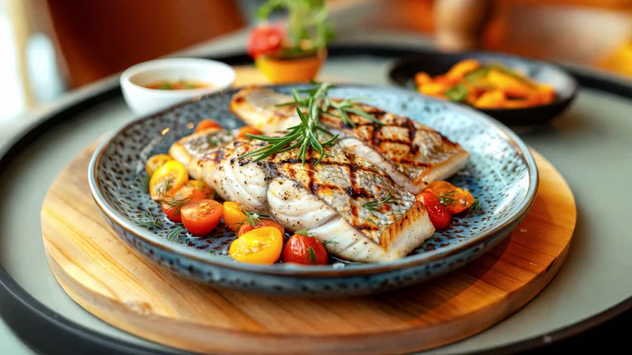 Grilled fish with cherry tomatoes and rosemary