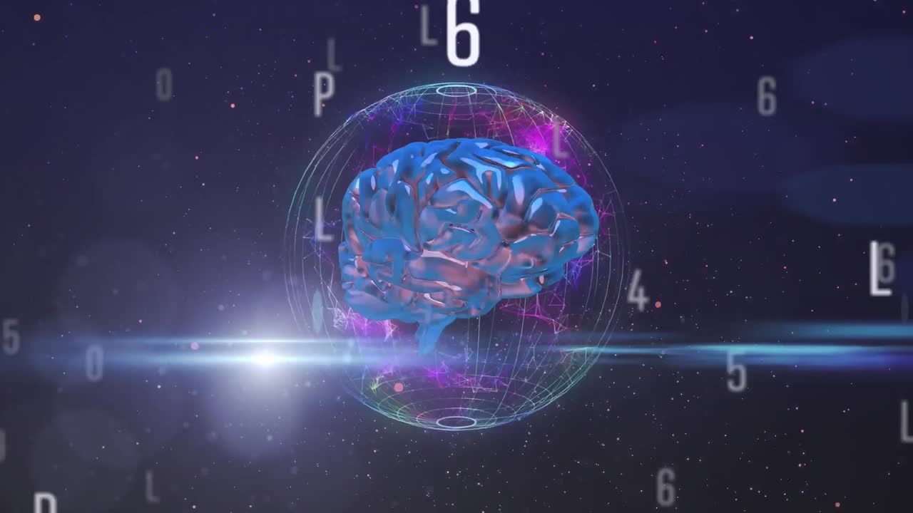 Animation of numbers and letters changing with human brain spinning