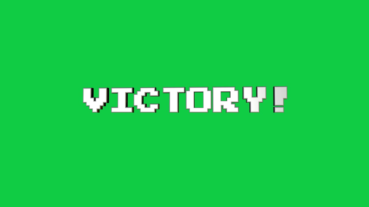 3D pixel "Victory" text flies in, tilts, and exits right on a green screen loop
