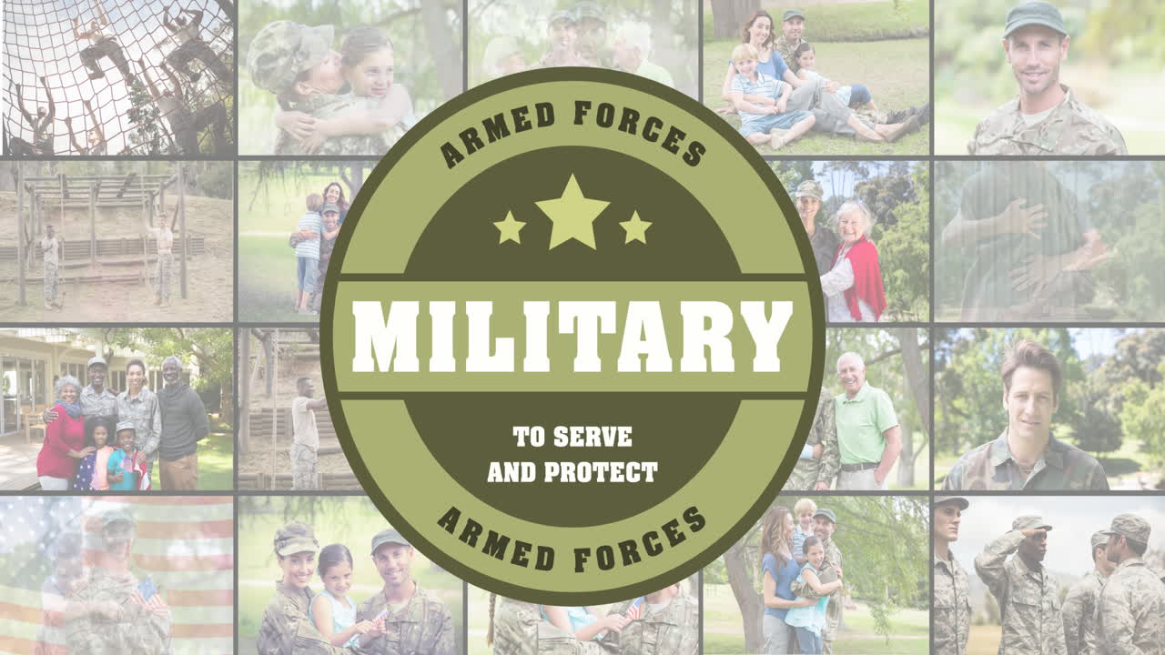 가족과 함께 다양한 군인들에 대한 무장 세력의 애니메이션 텍스트