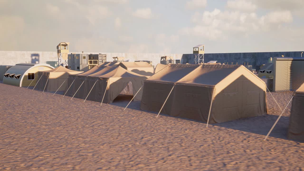 완전히 버려진 군사 단지 위의 가까운 공중 풍경입니다.