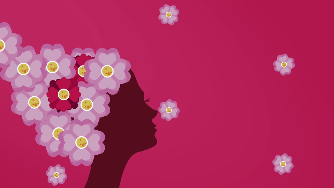 feliz día de la mujer tarjeta de letras con perfil de chica y flores cabello