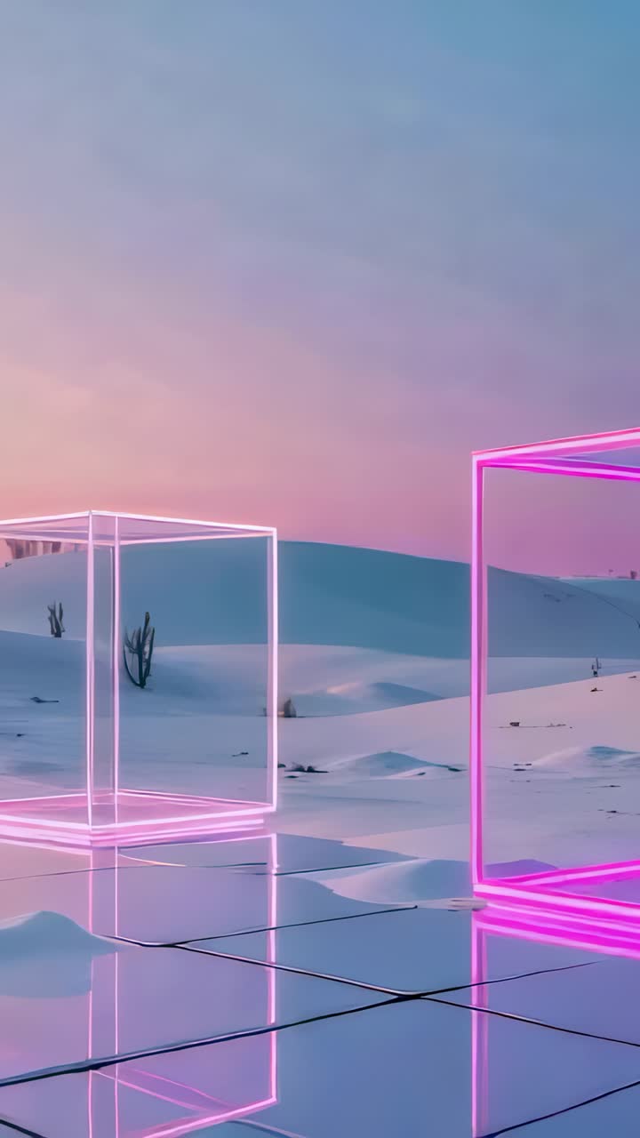 Video verticale: cubo wireframe rosa centrato nel deserto al crepuscolo, carrellata mentre il cubo bianco si allontana