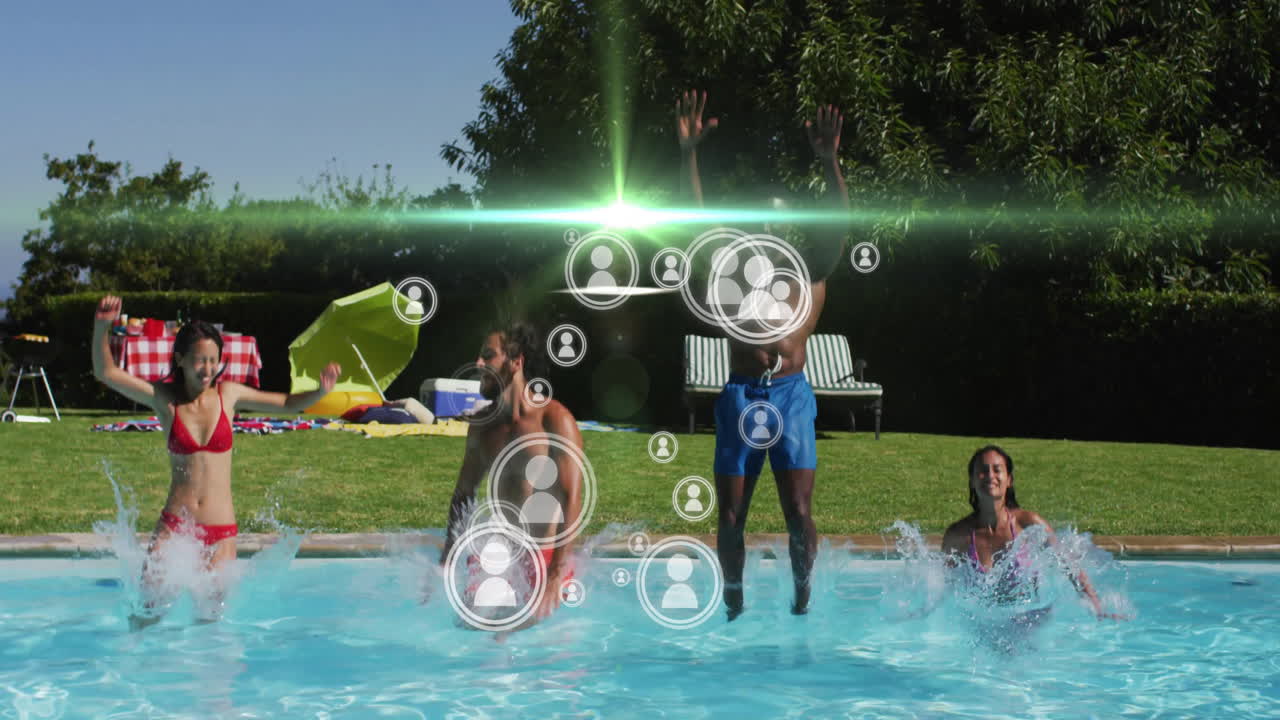 Friends splashing in backyard pool, with social media marketing icons floating above water