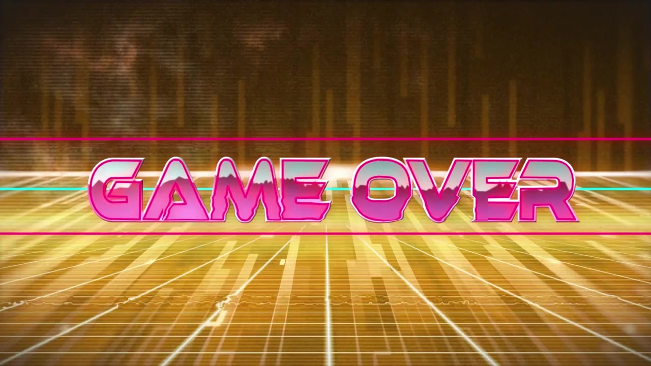 Animazione del testo "game over" con linee e barre in movimento su uno sfondo astratto