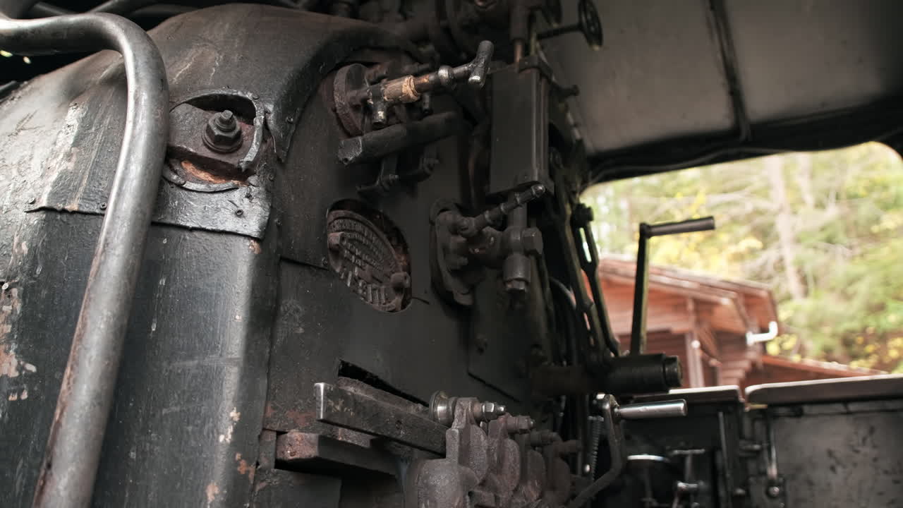 Cabin of the Mocanita steam train locomotive, view from inside, Romania