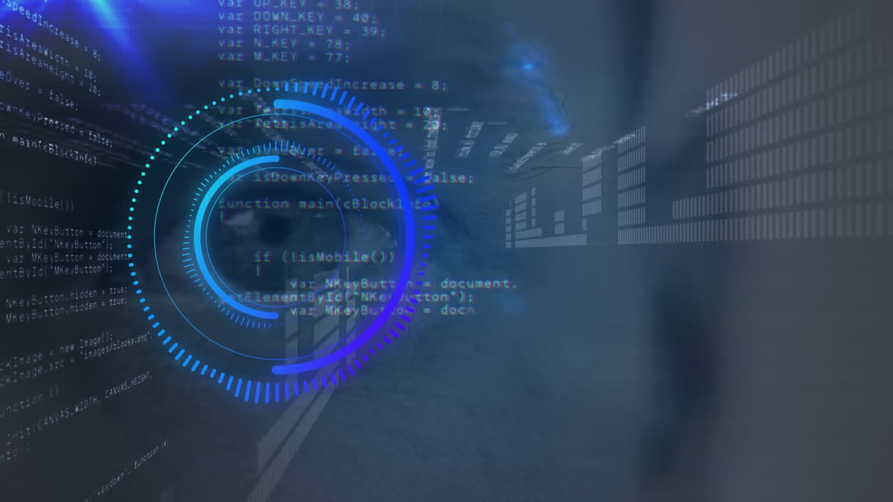 Digital animation of round scanner and spot of light against data processing on blue background