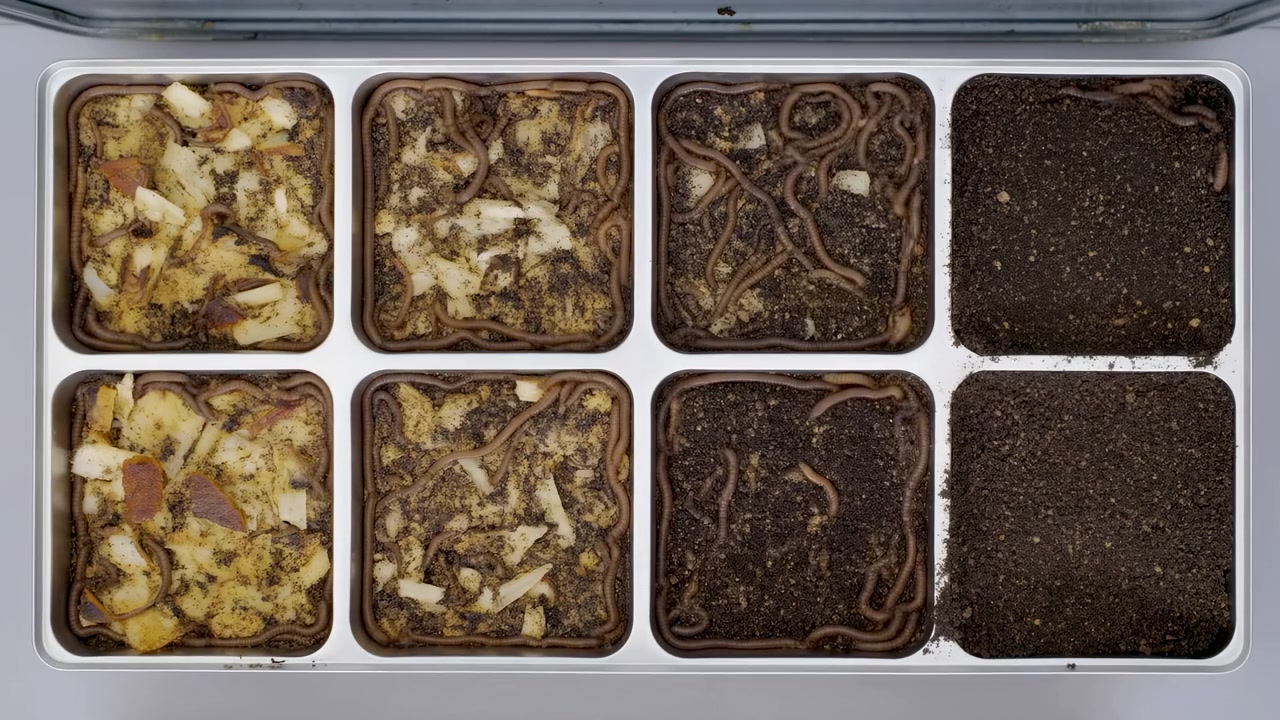Overhead composition presents eight containers with varied organic scraps, dark substrate, and visible worms, showing different stages of material breakdown in an orderly grid.