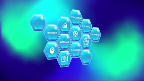 Animation of network of business icons over blue and green background