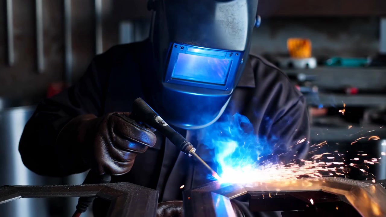 A welder in protective gear joins dark metal pieces with a bright arc inside a dim workshop, creating flying sparks and focused industrial light