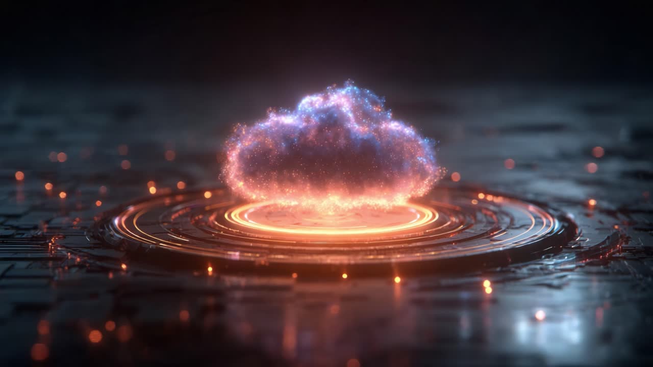 A Mystical Digital Cloud Phenomenon Surrounded by Radiant Energy Waves Emanating from an Intricate Metallic Base in a Futuristic Setting