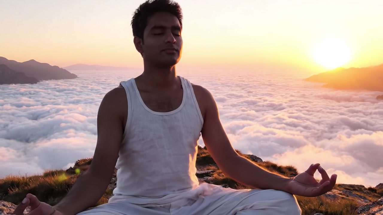 Kontemplativ meditasjon ved soloppgang: En rolig reise over skyene fanget i to rammer som reflekterer indre fred og harmoni med naturens skjønnhet.