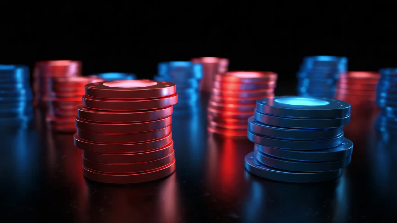 A captivating visual of vibrant stacks of red and blue coins illuminated against a dark background, creating an effect of depth and contrast that enhances the overall aesthetic appeal of the scene