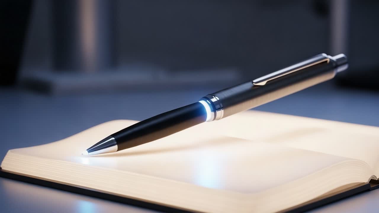 A Futuristic Pen Hovers Over a Blank Open Book, Illuminating Its Pages with a Soft Glow, Signifying the Beginning of Creative Expression and Storytelling
