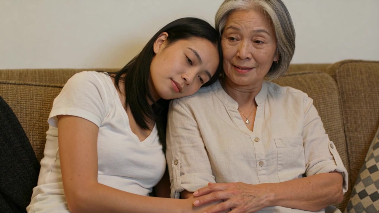 ソファで寄り添い安らぎを求める娘と、ブラウスを着て手を差し伸べ、その手を握るネックレスをつけた母親。