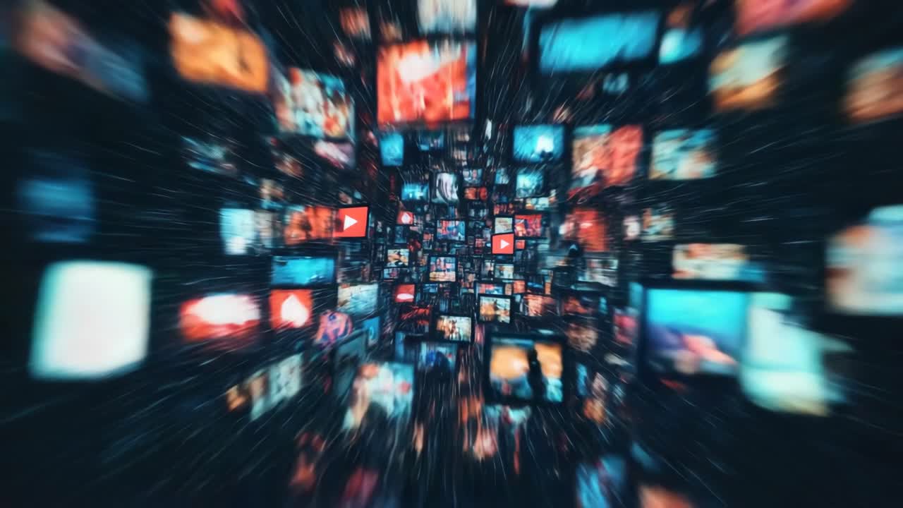 Parete video dinamica con effetto tunnel, che mostra schermi colorati