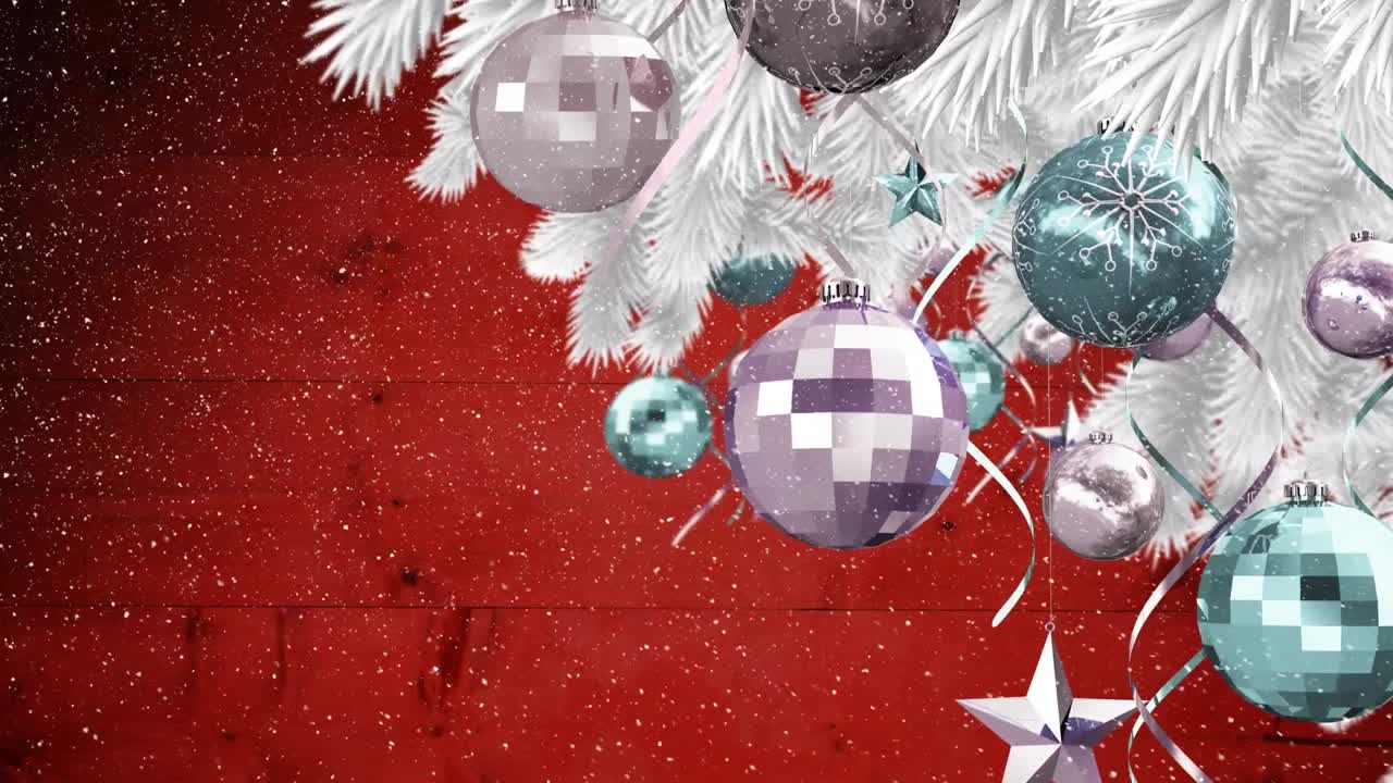 animación de ramas de abeto y decoraciones navideñas sobre la nieve que cae
