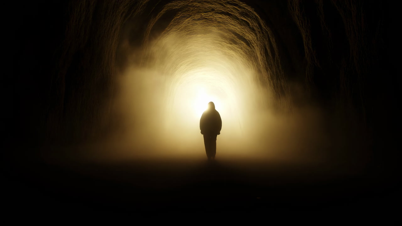 Silhouette Walking Toward Bright Tunnel Light Lone Pilgrim Moves Through Fogged Cavern, Arched Rock Walls