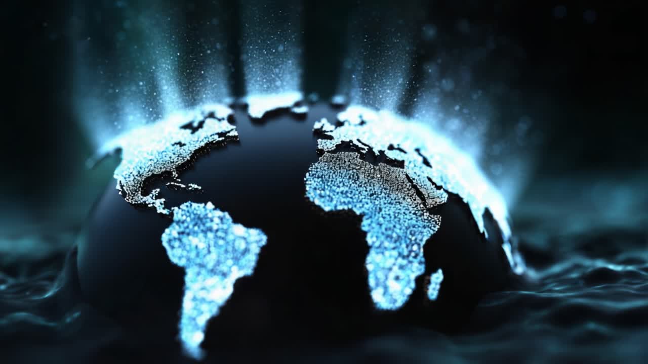 Una vista ipnotica della Terra rappresentata da un globo luminoso con punti scintillanti, che simboleggiano un mondo vibrante tra onde scure e particelle scintillanti
