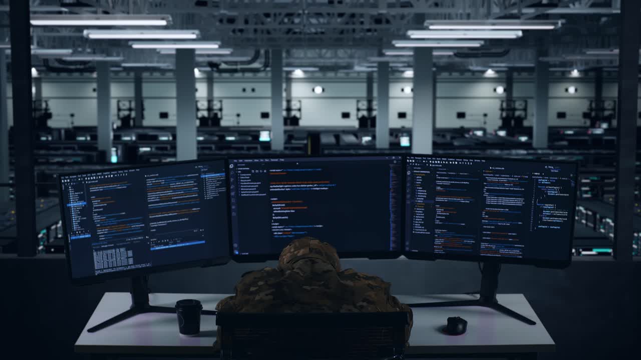 Back View Of Tired Asian Military Sleeping While Write Code With Multiple Computer Screens In Data Center
