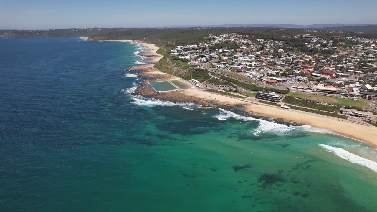 Aerial View Of Merewether Beach And Ocean Baths In NSW, Australia - Drone Shot