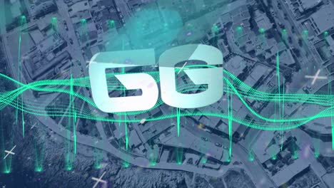 animación de texto 6g, paisaje urbano y procesamiento de datos por computadora
