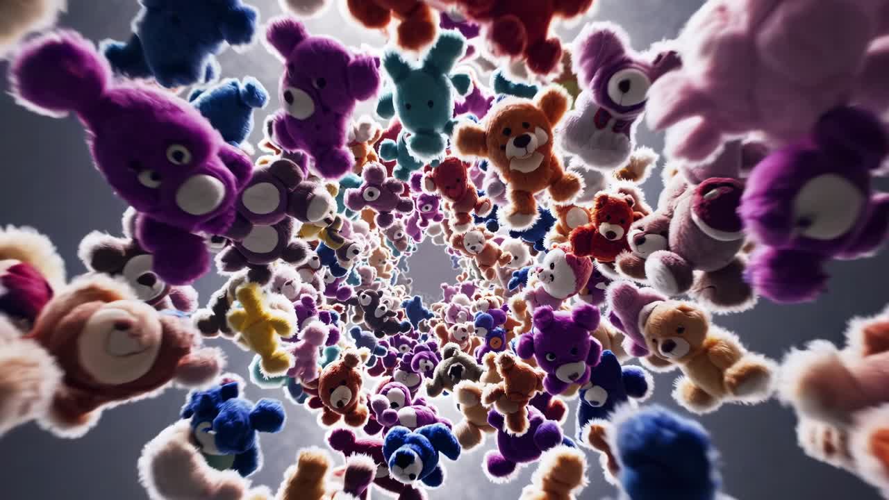 Colorful plush teddy bears spiral downward in a whimsical motion, creating a vibrant and playful atmosphere of joy and nostalgia