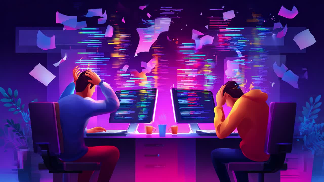 Struggling with Code: Two Developers Face Frustration and Overwhelm as Data Streams and Paperwork Create Chaos in Their Digital Workspace