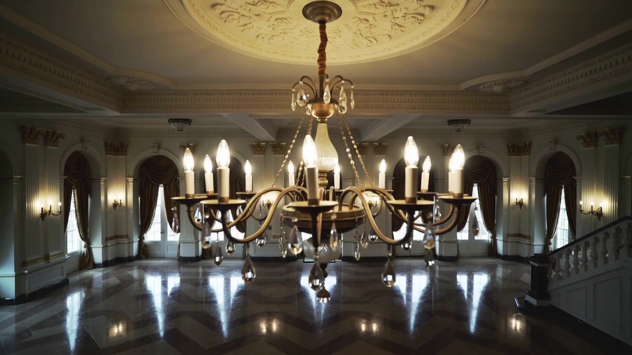Gimbal mulai mendorong, kamera mendekati lampu gantung kristal kuningan di aula berornamen, menunjukkan detail.