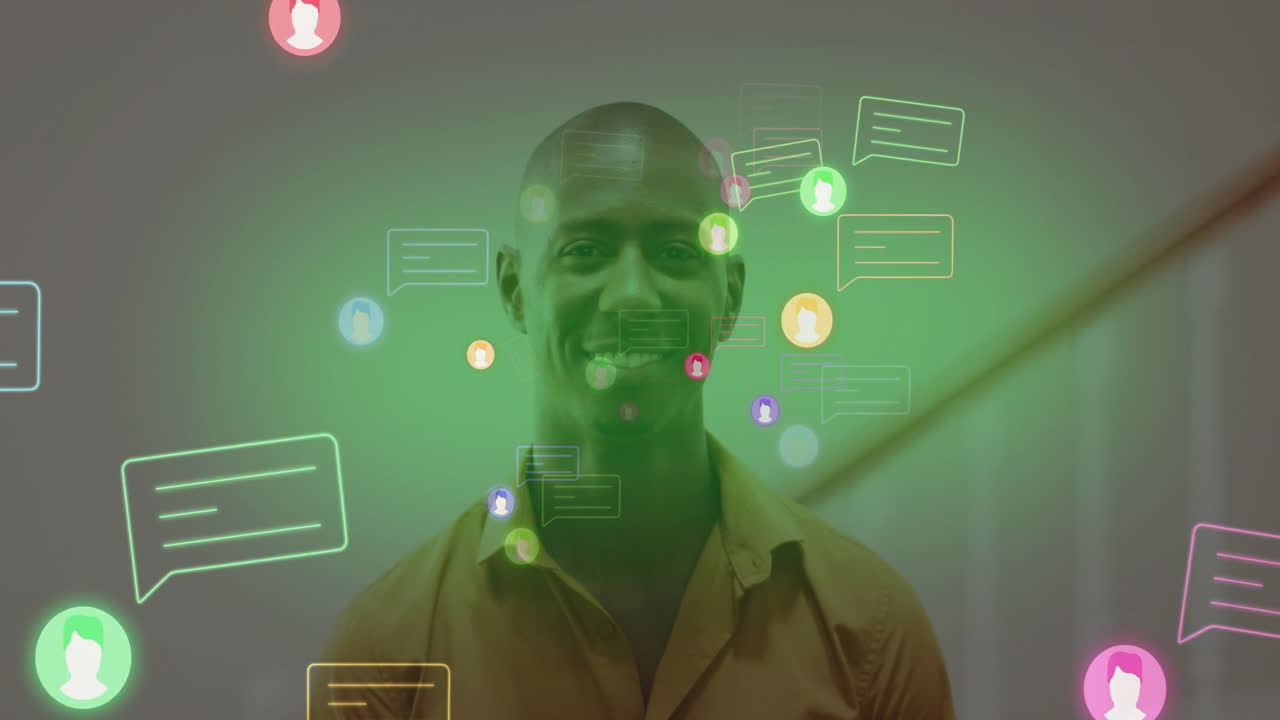 Smiling person surrounded by colorful chat icons and message bubbles animation