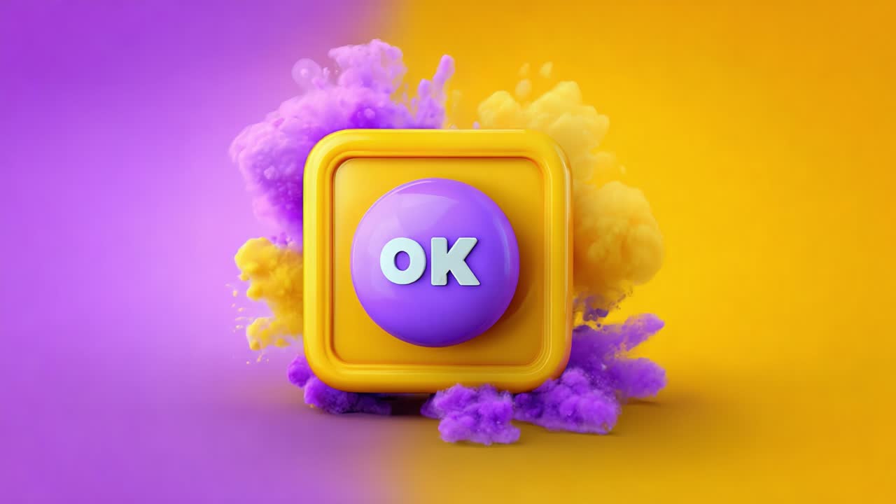 Dynamic Visuals of a Bold Purple and Yellow Button with 'OK' Inscription Surrounded by Vibrant Colored Smoke Splashes, Conveying a Playful and Engaging Atmosphere in Digital Design