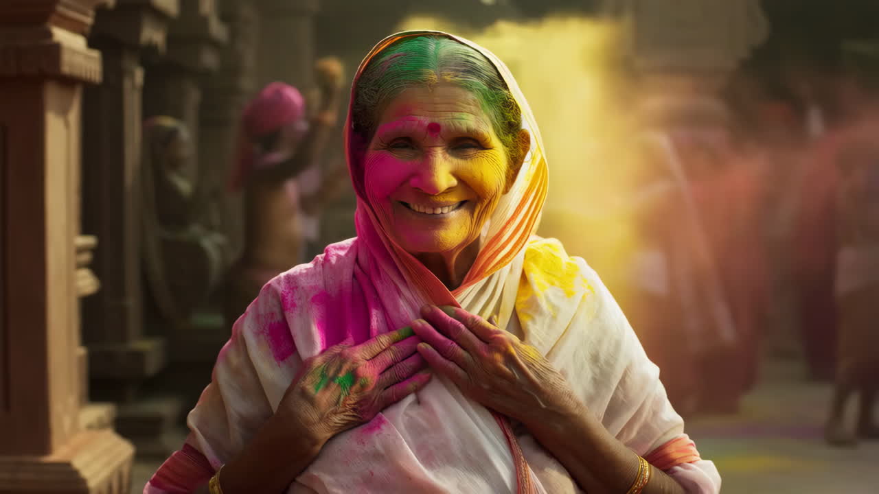 Mujer mayor alegre celebrando el Festival Holi