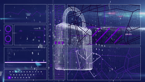 animación de la interfaz con procesamiento de datos sobre el icono de candado de seguridad contra fondo azul
