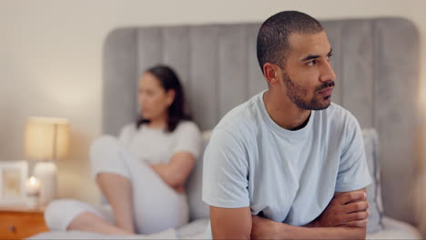 man, thinking or frustrated couple on bed