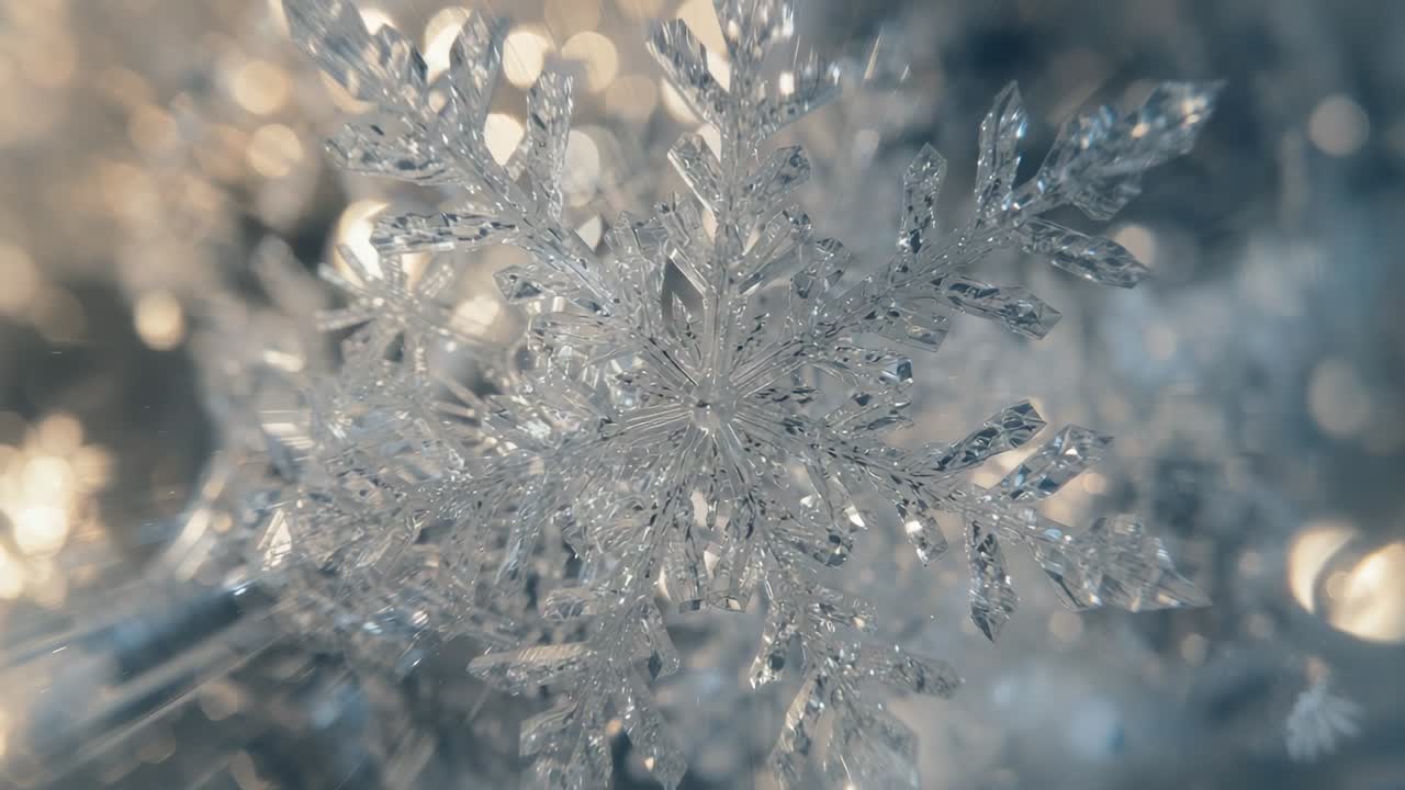 Entering frame single hexagonal snowflake drifting into focus on surface, with ice crystal branches