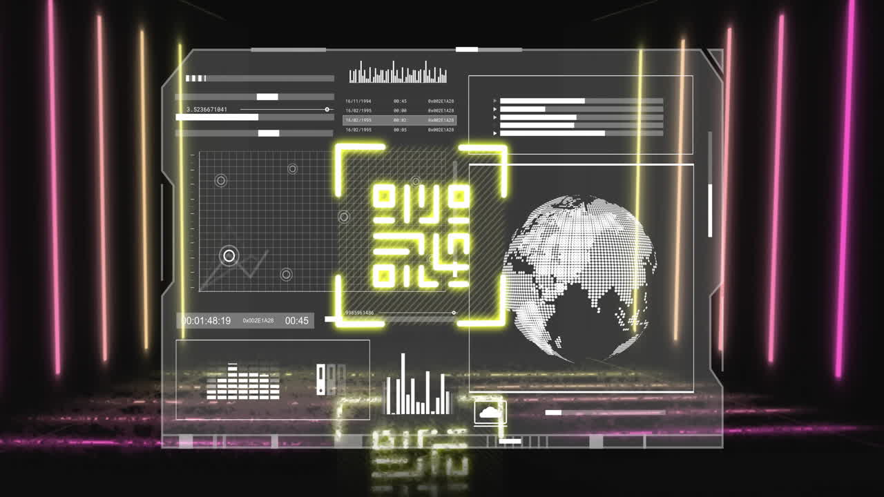 анимация qr-кода и обработка данных по неоновым линиям