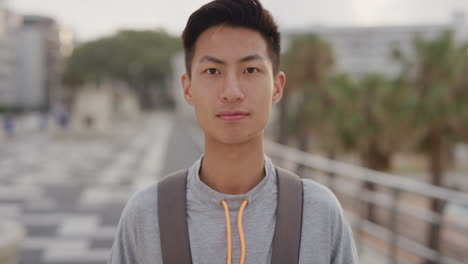 portrait confident young asian man student looking serious handsome ethnic male tourist enjoying vacation travel on urban city seaside