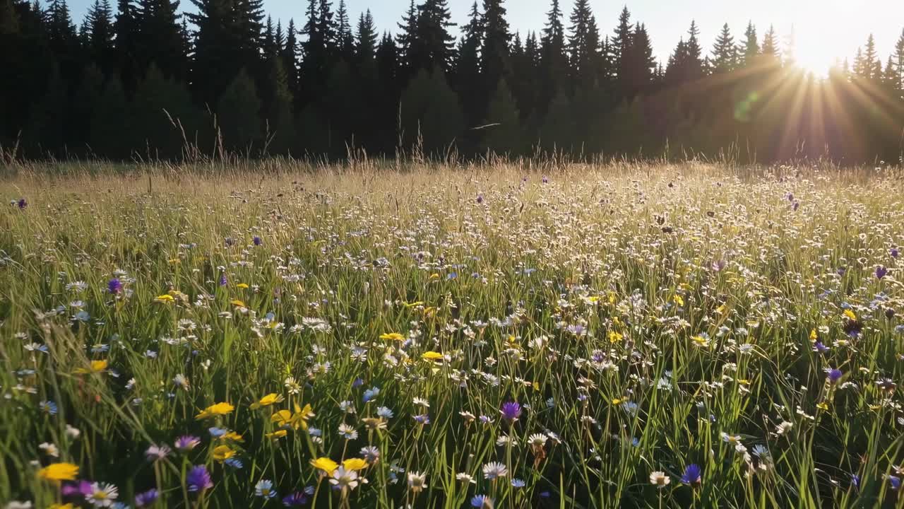 Spokojny film przedstawia oświetloną słońcem łąkę z polnymi kwiatami z perspektywy niskiego kąta, w kadrze lasu