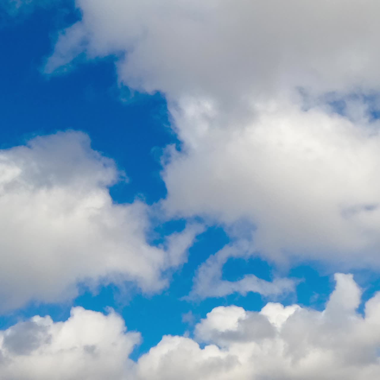 Beautiful azure sky in summer with white clouds. Cumulus cloudscape formation. Low angle view. Timelapse
