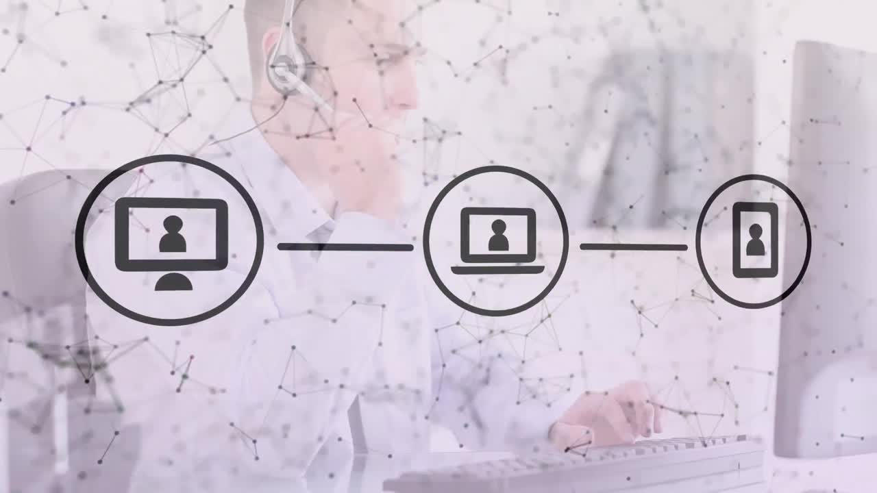 animación de la red de conexiones e iconos sobre un hombre de negocios con auriculares