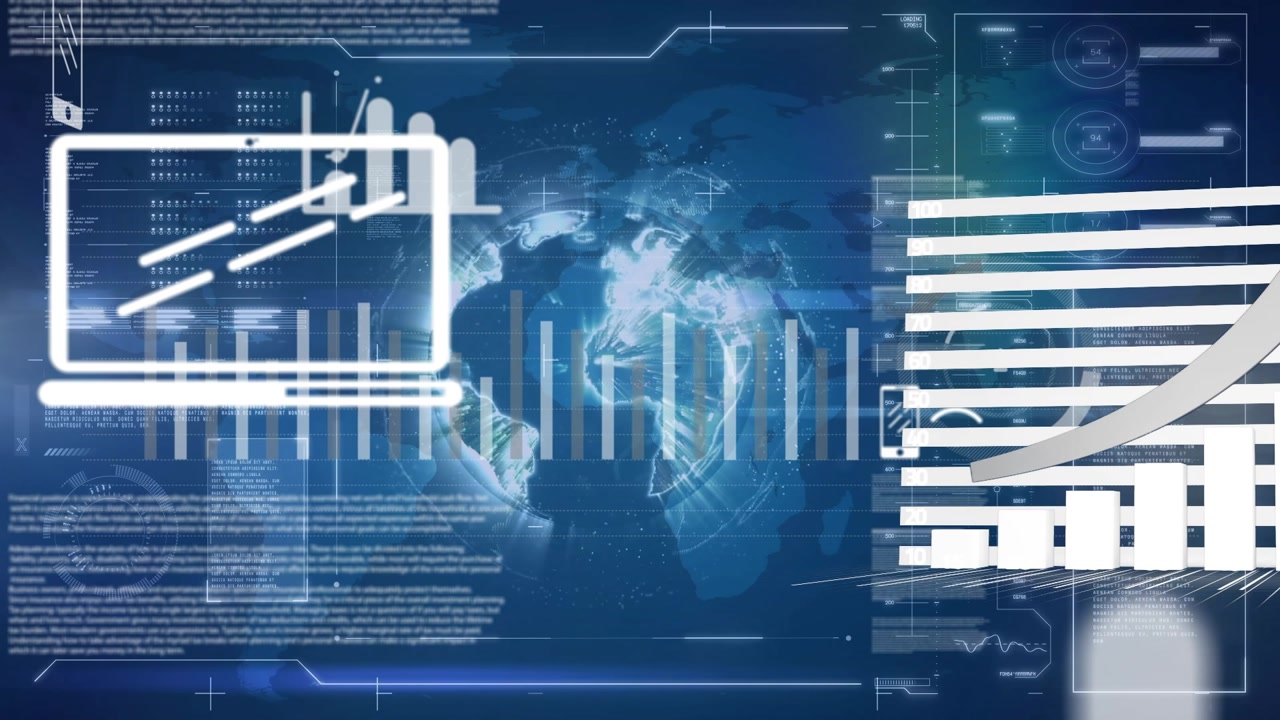 Animation of graphs, icons, globe with infographic data processing on digital interface
