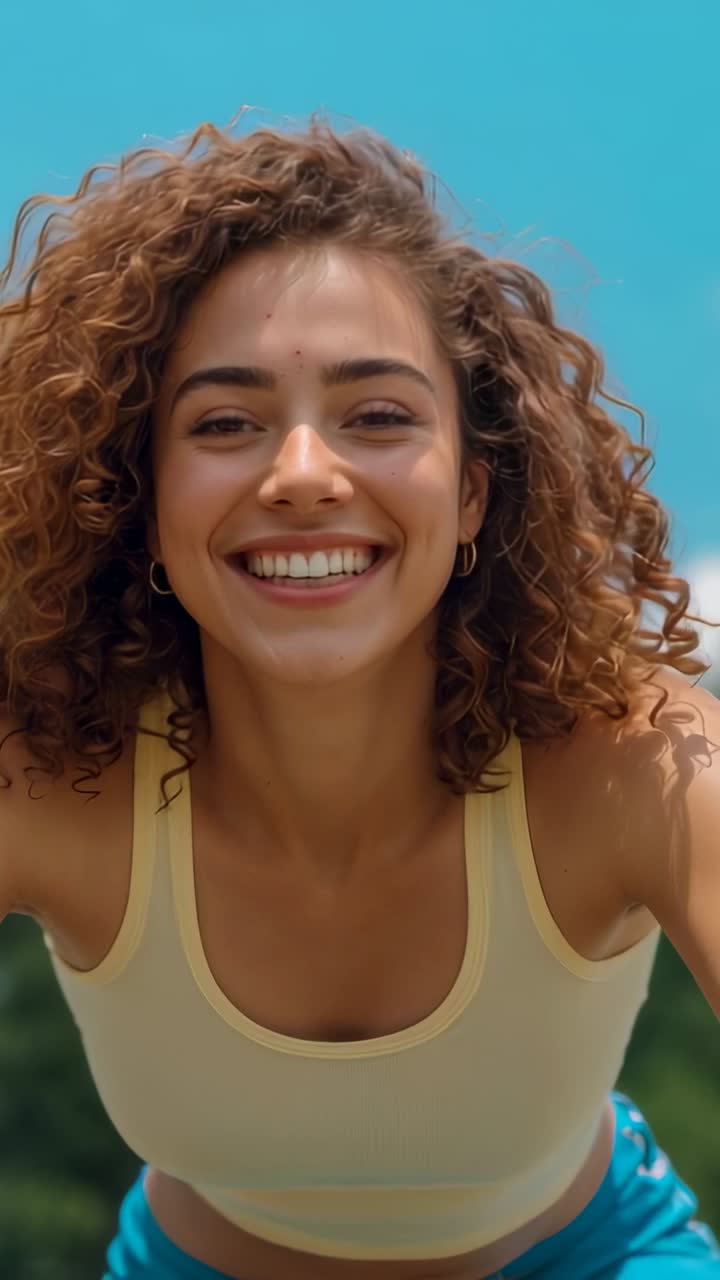 Vertical video: Opening clip showing woman leaning forward in sportswear in backyard, posing