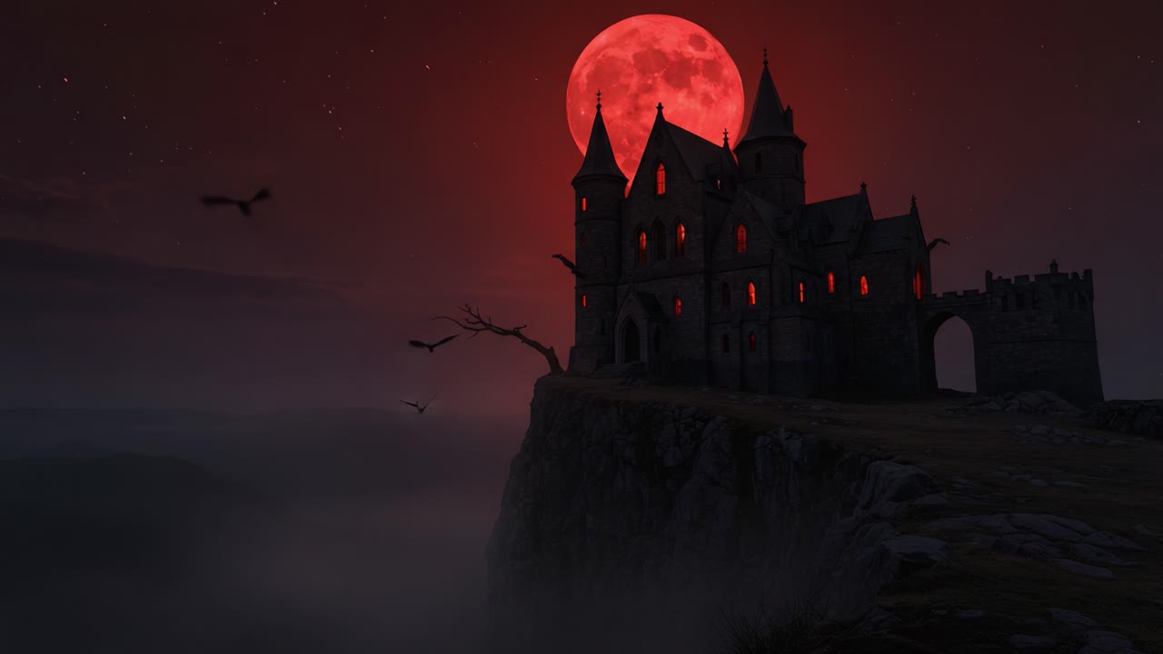 A haunting castle looms on a cliff against a blood-red moonlit sky, shrouded in mist, evoking an eerie yet captivating atmosphere for all who gaze upon it