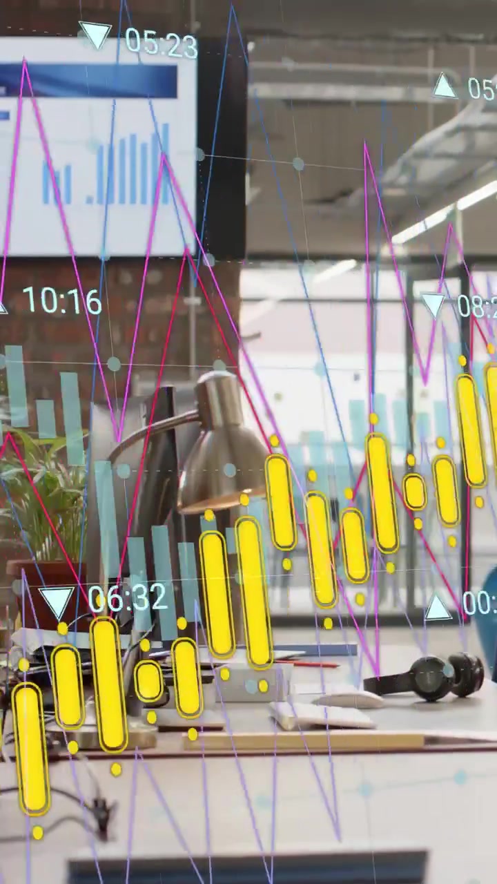 Vertikal video: Skrivebordet forblir statisk mens finansstrømmen oppdateres, animerte lysestaker og søylediagrammer.