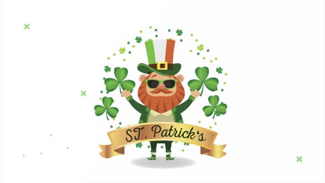 happy saint patricks day lettering with leprechaun character and clovers