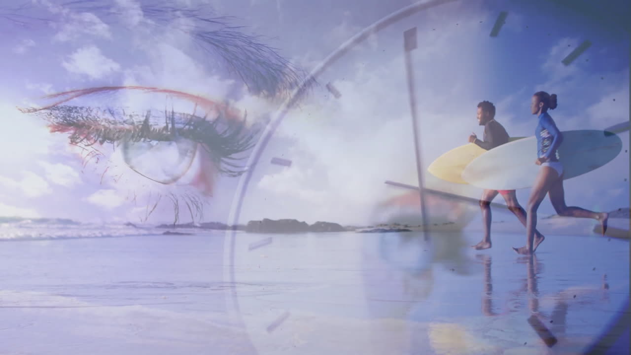 man and woman carrying surfboard on beach, blending clock overlay with eye for tech campaign